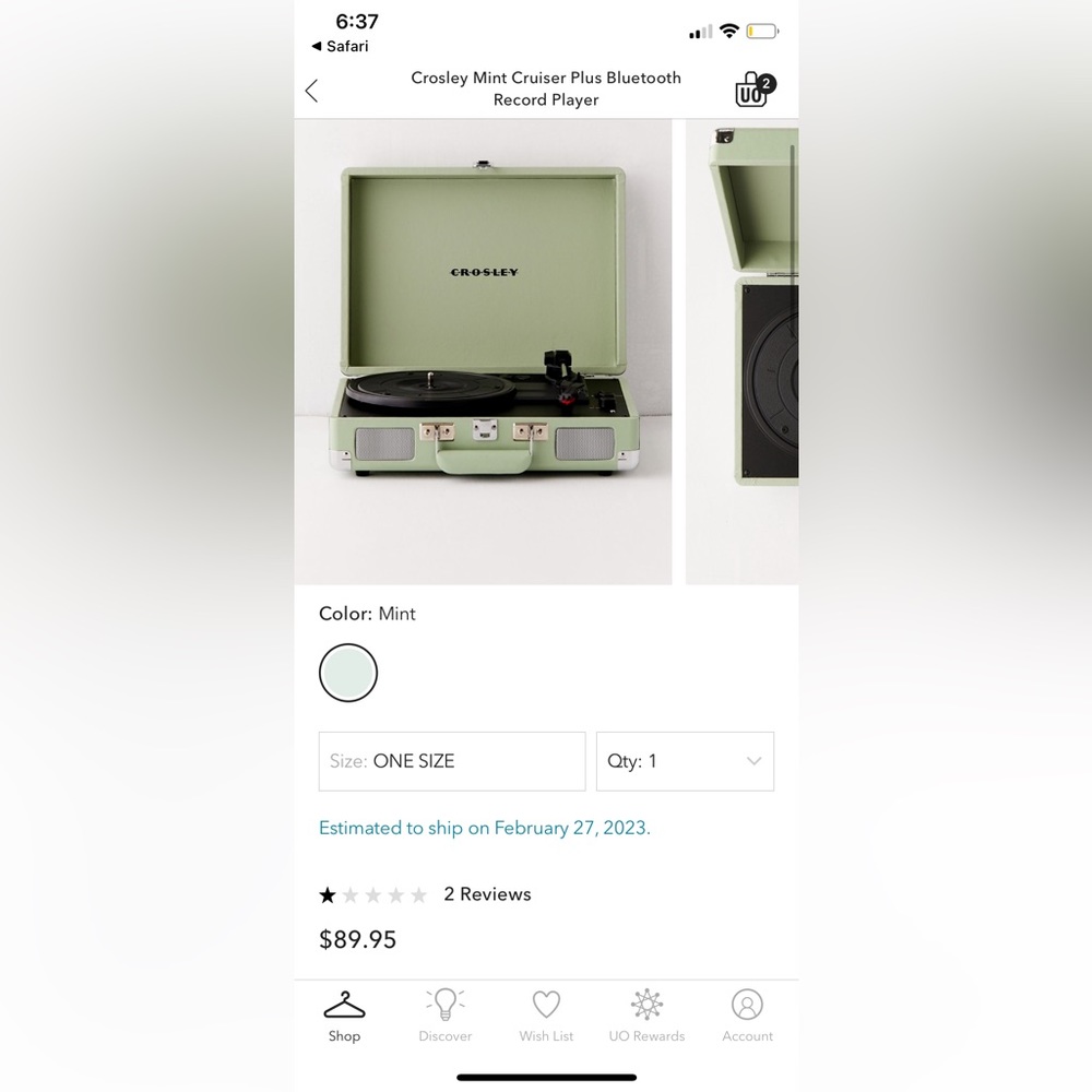 Urban Outfitters Mint Green Crowley vinyl record/Bluetooth player